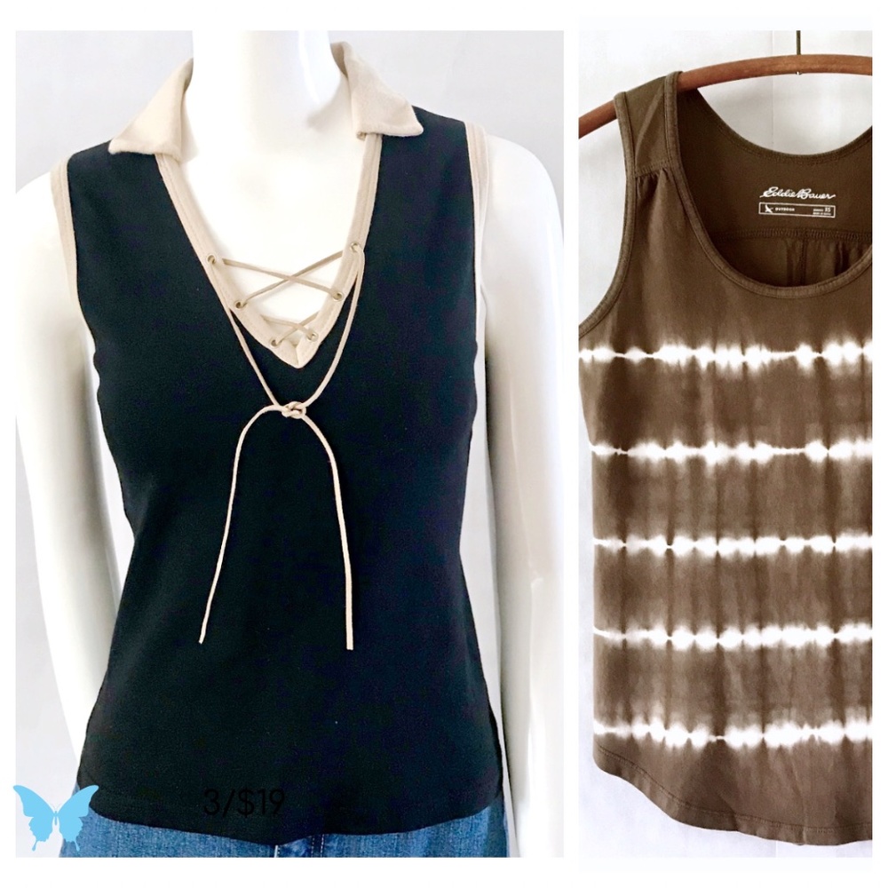 3/$15 Eddie Bauer Tie Dye & Modest Tie Front Tank Tops